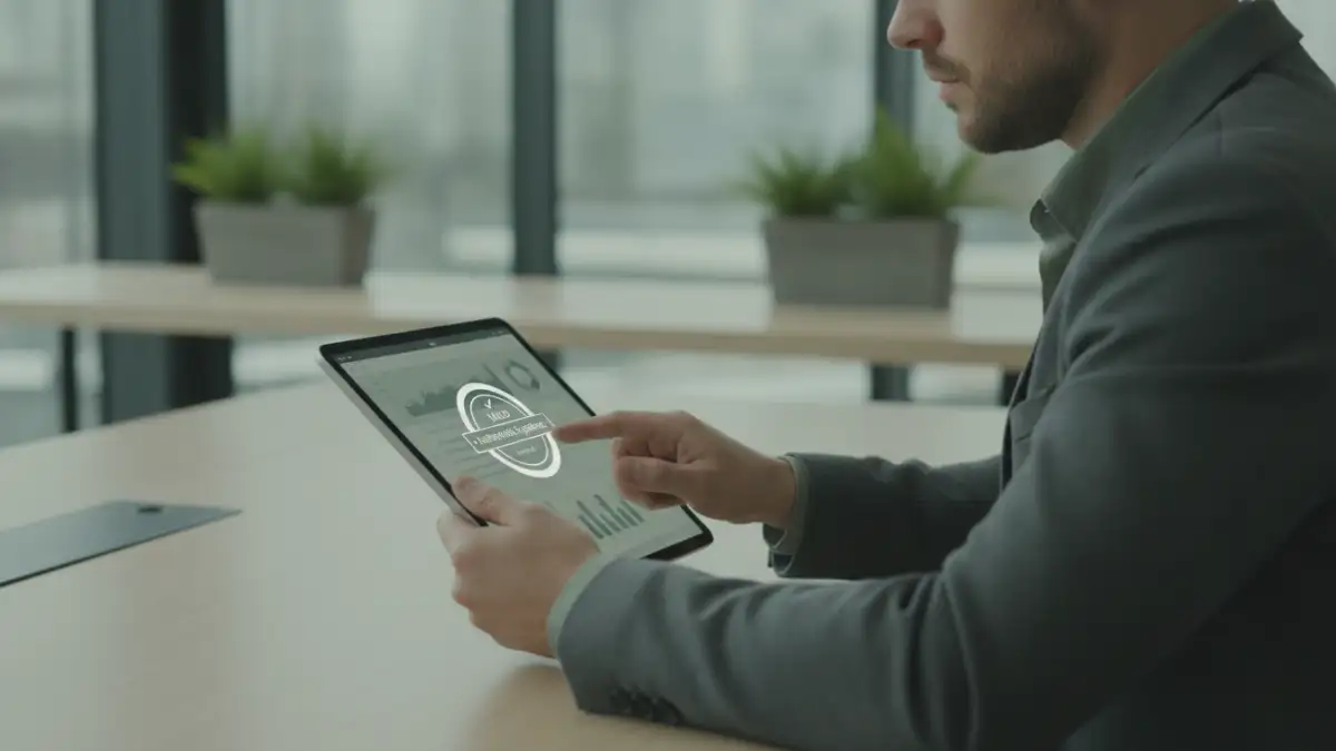 digital signature document - Business professional verifying a digitally signed document on a tablet