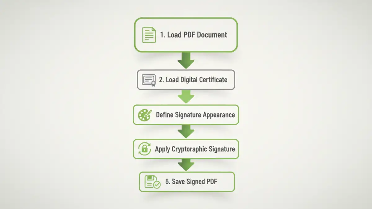 digitally signing pdf document - Infographic showing the 5 steps to programmatically sign a PDF.
