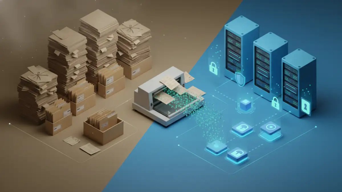 A visual representation of document compliance archive conversion, showing old paper files being transformed into modern, secure digital data.