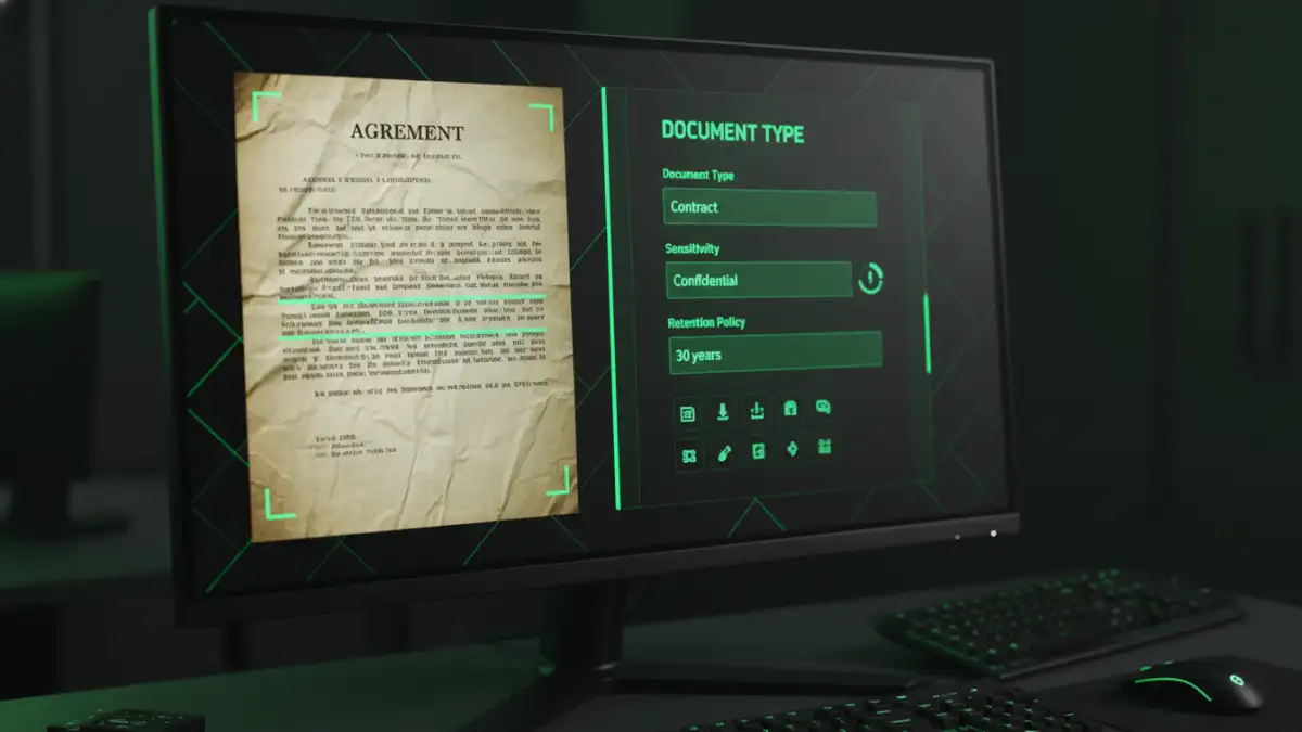 document compliance archive conversion - A software interface demonstrating the process of classifying and adding metadata to a digitized document for compliance.
