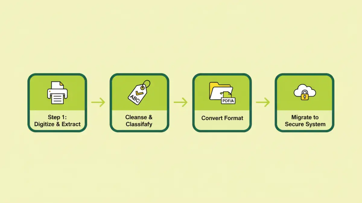 An infographic detailing the four key steps of a document compliance archive conversion process.