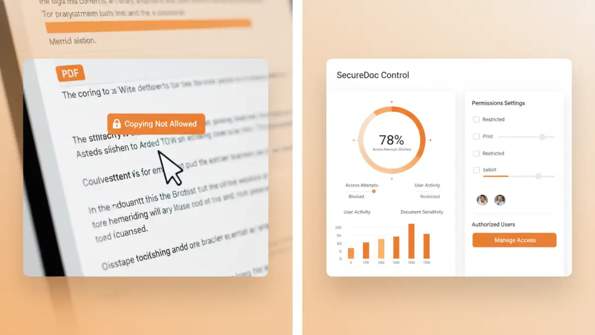 document drm security document drm security - A user being blocked by PDF copy protection, contrasted with a DRM control panel
