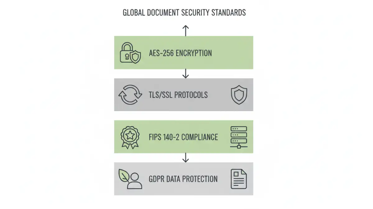 document encryption business - Infographic explaining key international security standards for business document encryption