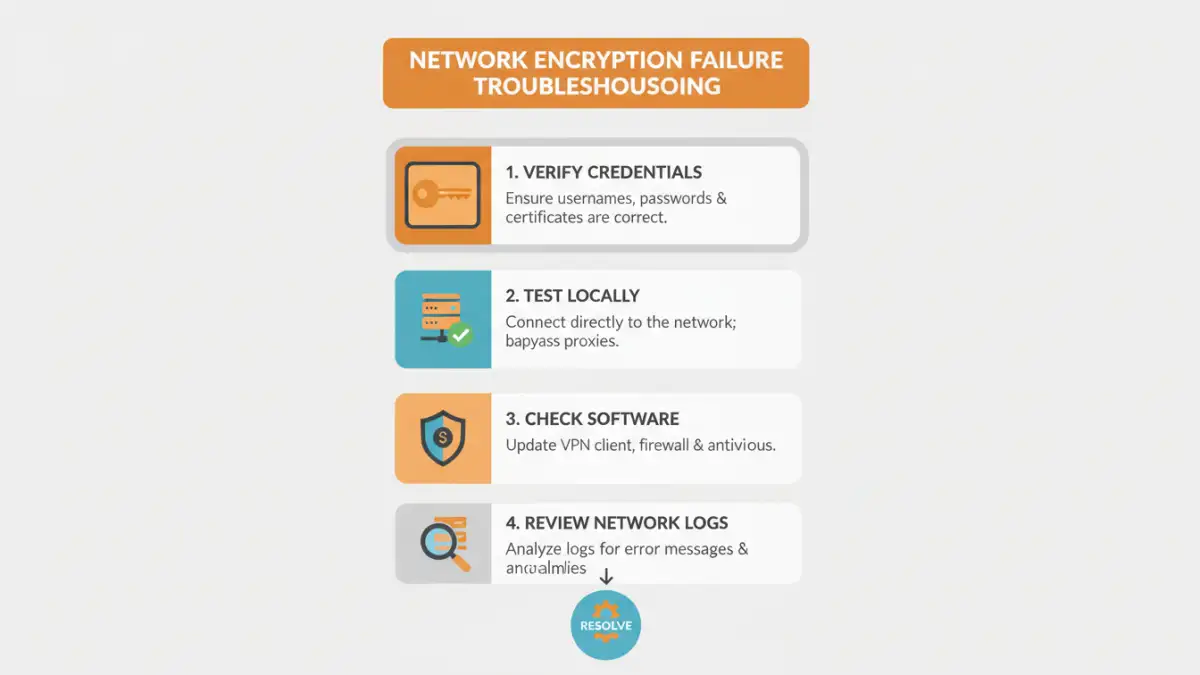 Infographic detailing steps to troubleshoot document encryption failures
