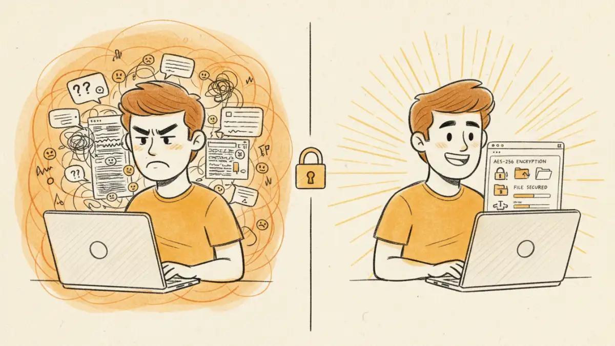 document encryption myths - A before-and-after sketch showing a user moving from confusing forum advice to using proper encryption software.