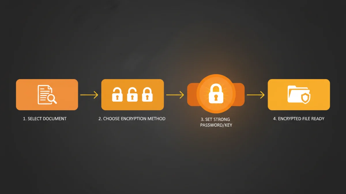 document encryption security - Infographic showing the four-step process of document encryption from selection to completion.