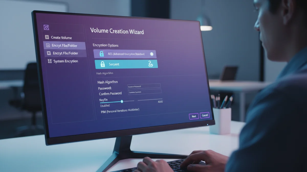 document encryption security - A user interacting with encryption software to create a secure, encrypted file container.