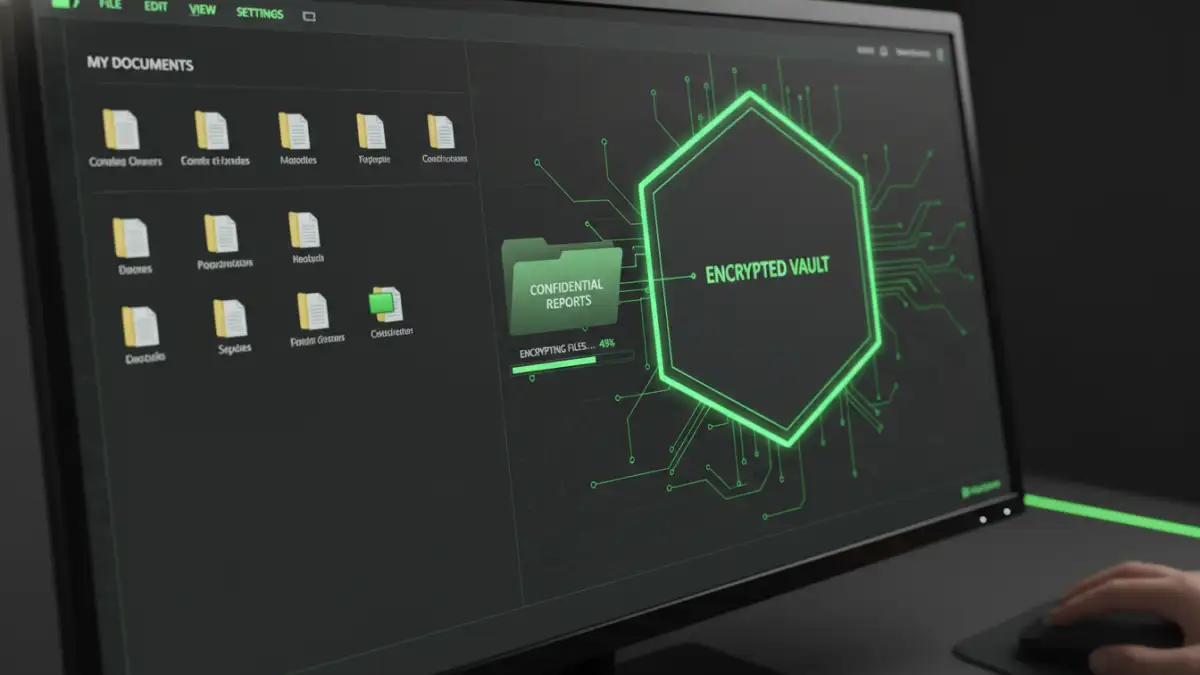 document encryption security - A user encrypting a folder of documents using desktop security software