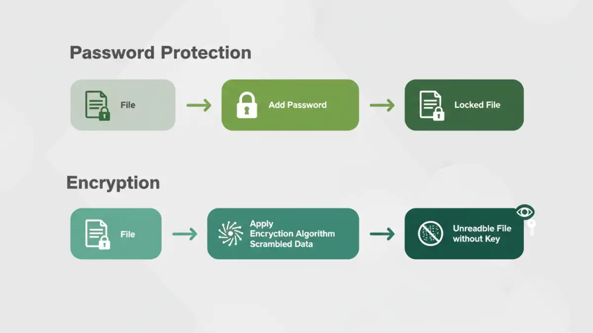 document encryption security - Infographic flowchart explaining the process of password protection versus data encryption
