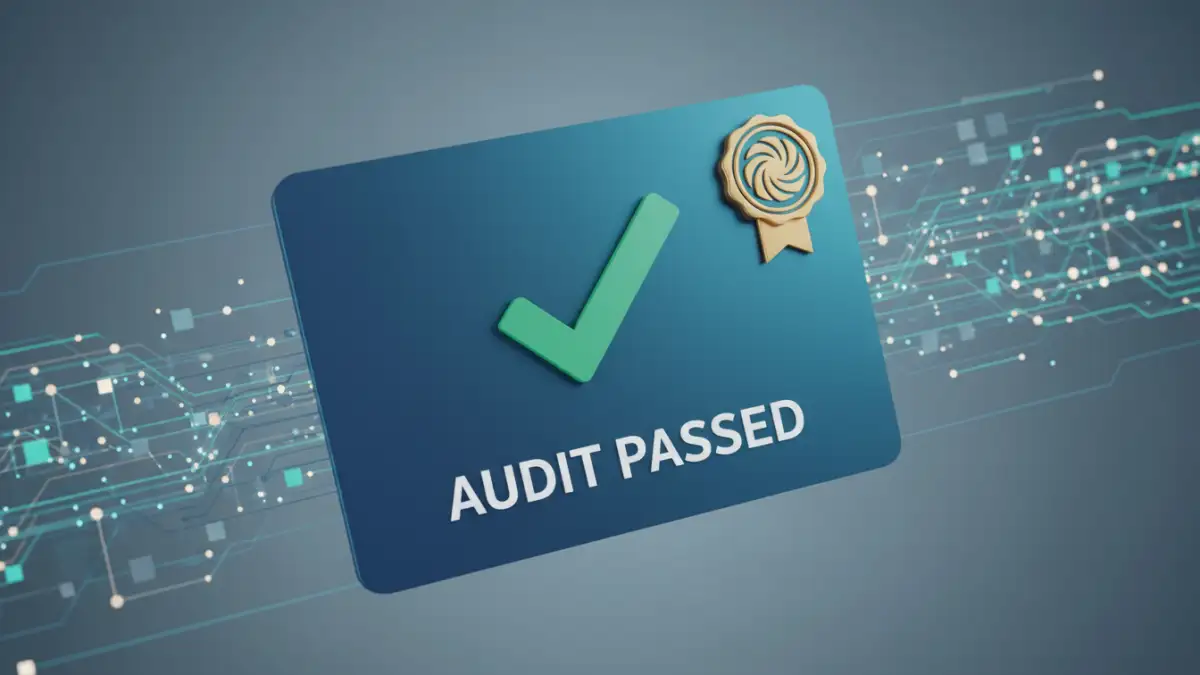 A digital certificate showing a successful security audit, representing document encryption success.