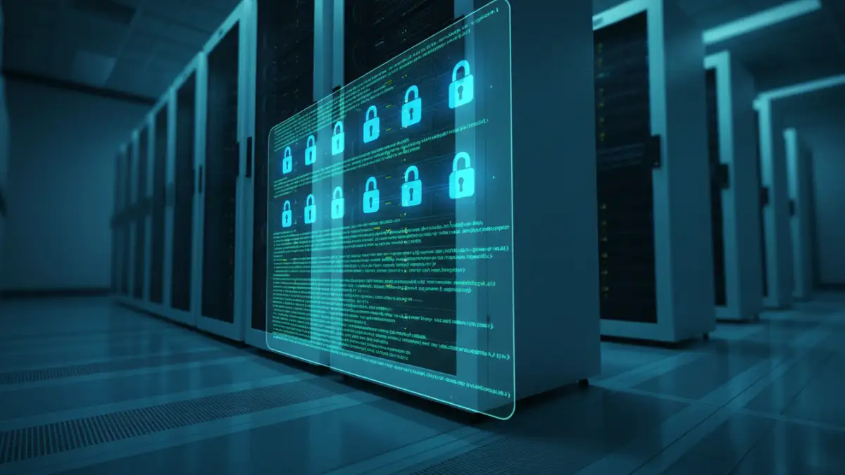 document encryption success - A server rack with a digital overlay showing encryption and security logs for a data audit.