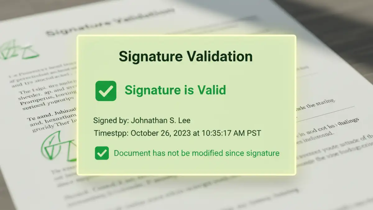 document metadata digital signature - Example of a valid digital signature panel in a PDF viewer, showing integrity has been maintained.