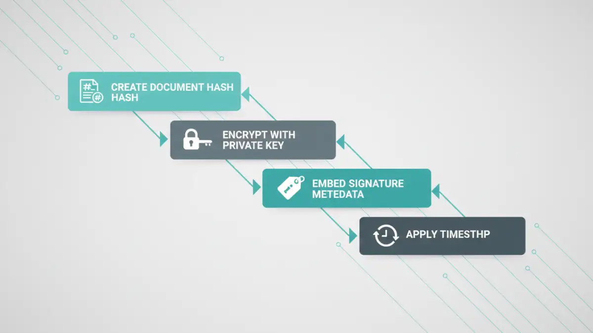 document metadata digital signature - Infographic flowchart explaining the steps of creating a digital signature and timestamp.