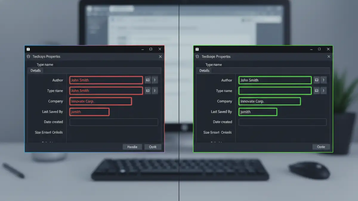 document metadata security - A before-and-after comparison of a file's properties showing metadata removal