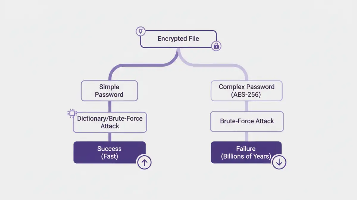 document password cracker limits - Infographic comparing password cracking success rate for simple vs. complex passwords.