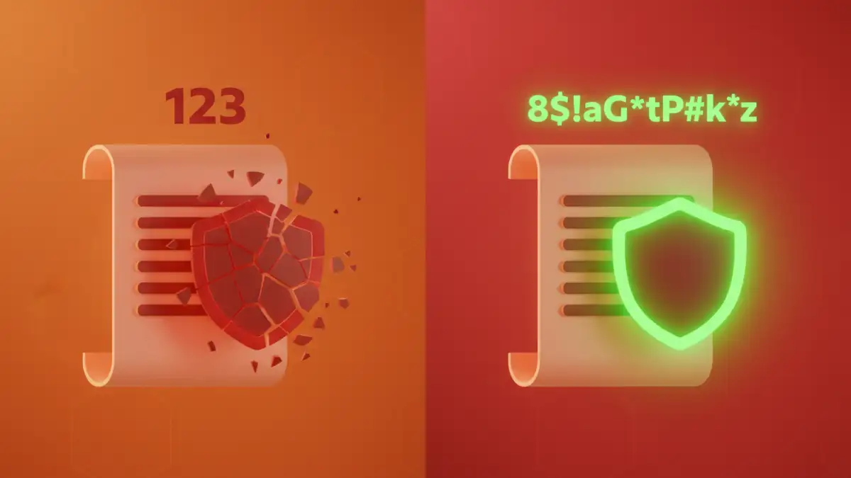 document password protection - A before-and-after comparison of a document with a weak password versus one with a strong password.