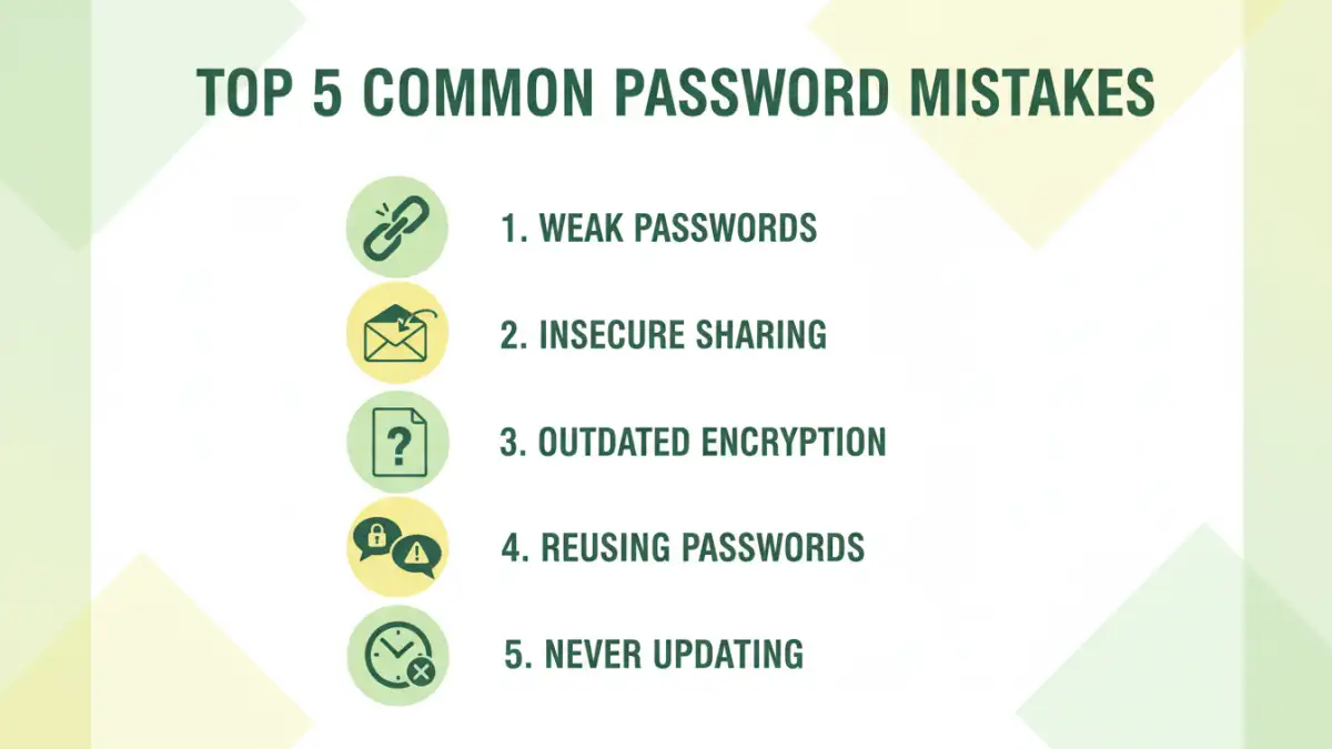document password protection - Infographic detailing the top five common mistakes in protecting documents with passwords.