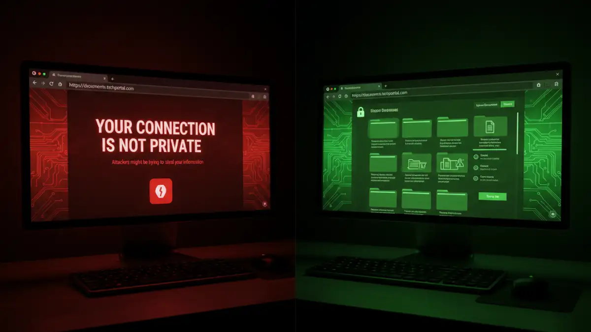 document portal security error - A before-and-after comparison of a browser with a security error and a secure connection.