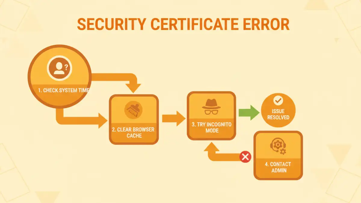 document portal security error - Infographic flowchart showing user steps to fix an SSL certificate error.