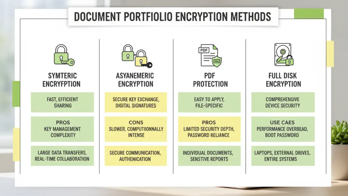 document portfolio encryption choice document portfolio encryption choice - Infographic comparing encryption methods for document portfolios.