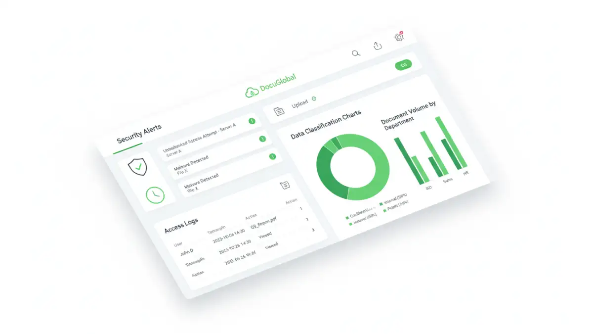 document portfolio security - A dashboard view of a centralized document management tool showing security analytics.