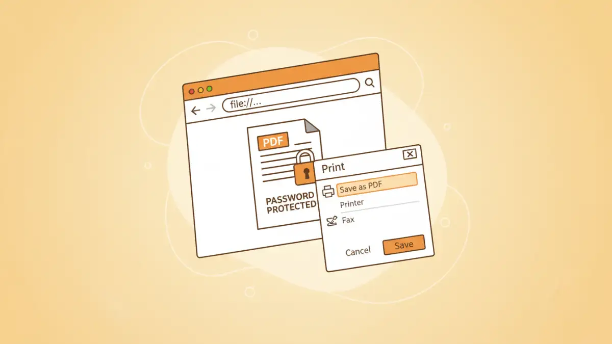 document portfolio security - Visual representation of using a web browser to save a password-protected PDF as a new, unprotected file.