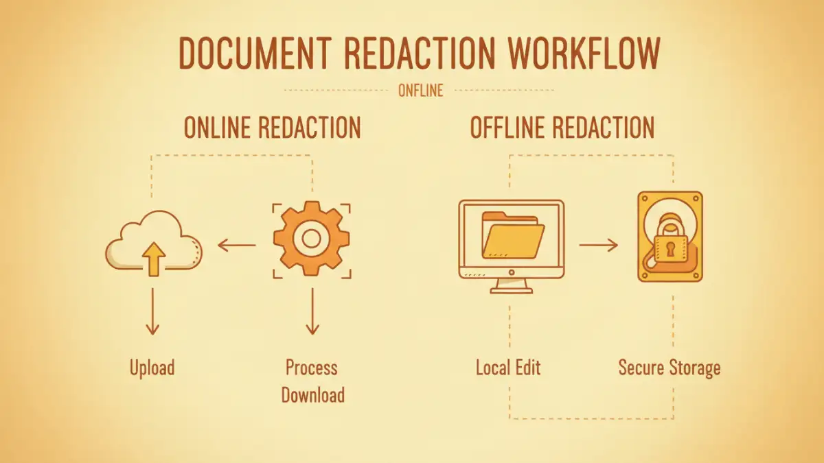document redaction tools - Infographic detailing the process of online and offline document redaction