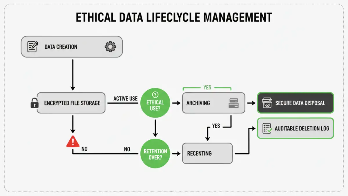 document retention ethics - A flowchart outlining the steps of ethical data lifecycle management, from creation to secure disposal.