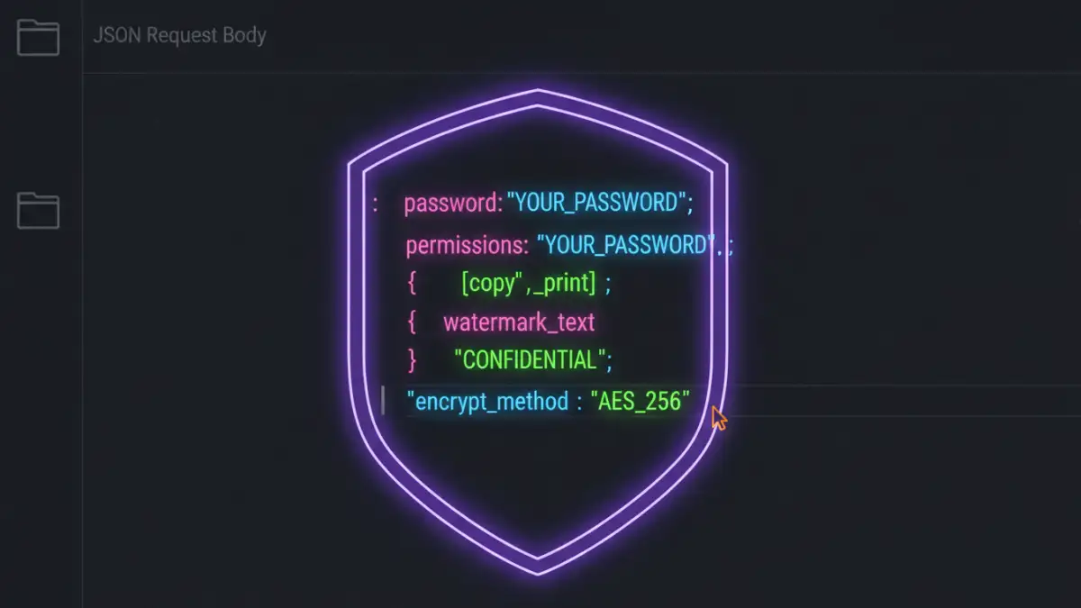 document security api document security api - A code snippet showing a JSON payload for a PDF encryption API.