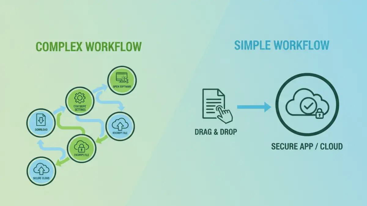 Visual comparison of complex versus simple workflows for document security apps.