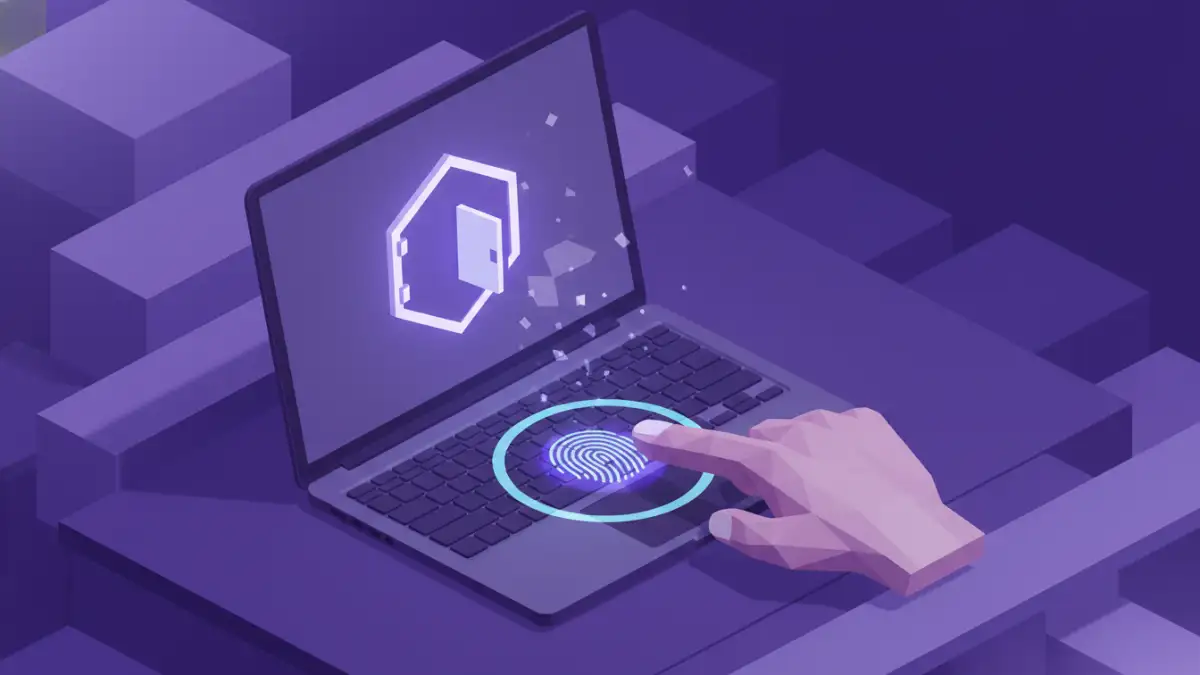 document security biometrics vs passwords - A user unlocking a secure file on a laptop using a fingerprint sensor.