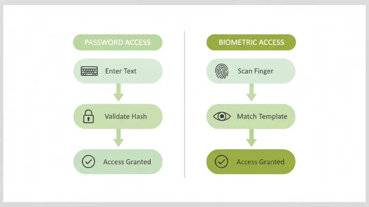 document security biometrics vs passwords - Infographic showing the process flow for password and biometric authentication.