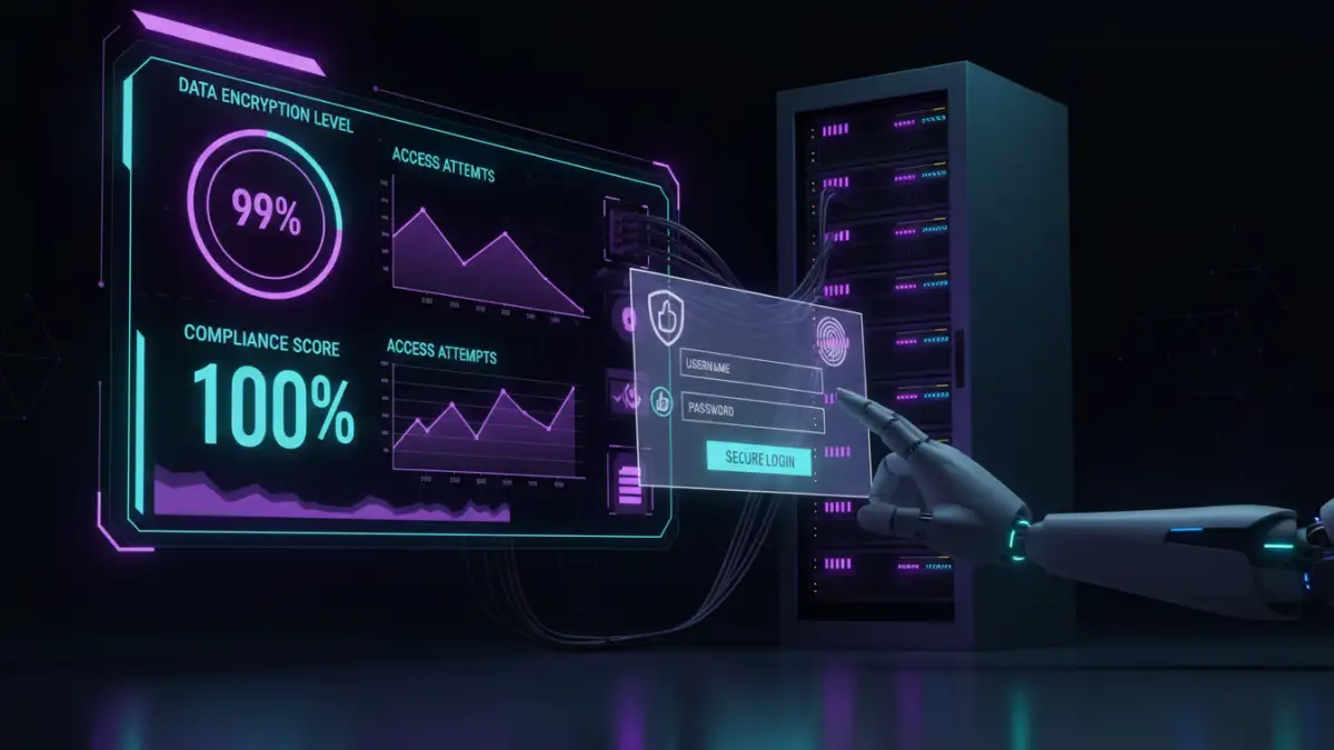 document security compliance - Business dashboard showing security metrics for structured files and secure server environment