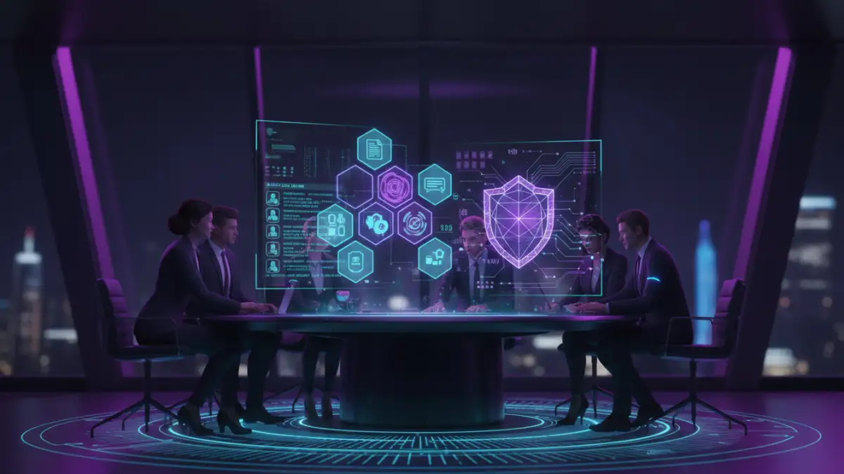 document security compliance - Team collaborating on secure document management with encrypted data visualization