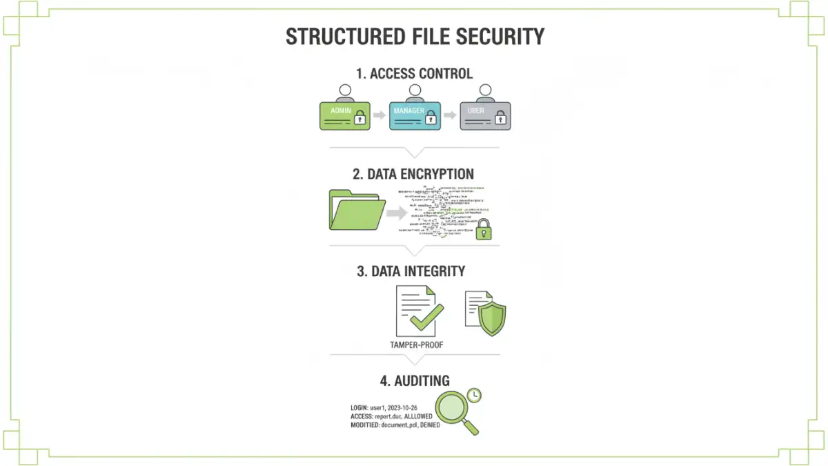 document security compliance - Infographic detailing access control, encryption, integrity, and auditing for structured file security
