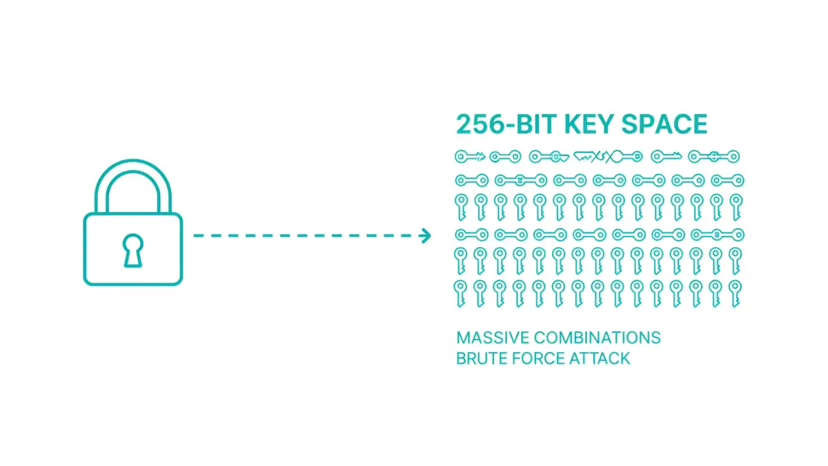 document security encryption - Infographic explaining brute force attack protection by showing one lock versus millions of possible keys.