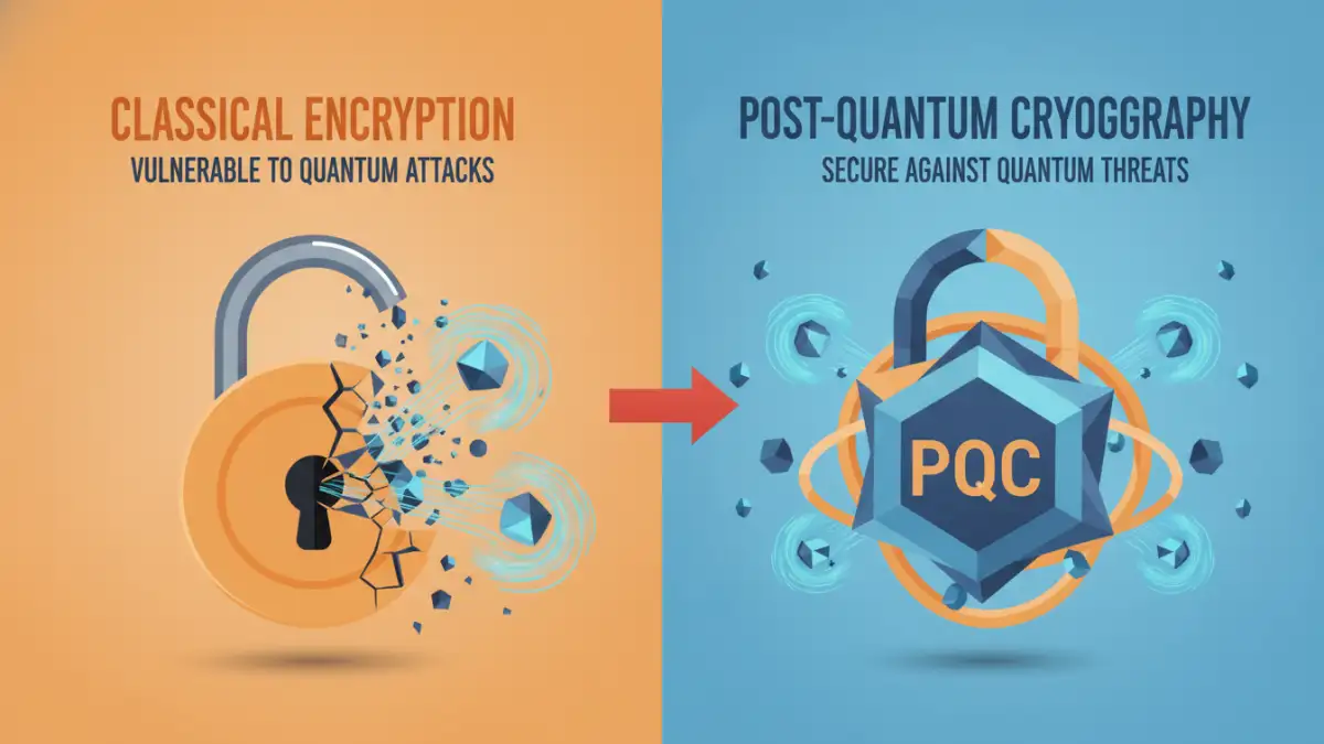 document security encryption - Infographic comparing classical encryption vulnerability to quantum threats with post-quantum cryptography solutions.