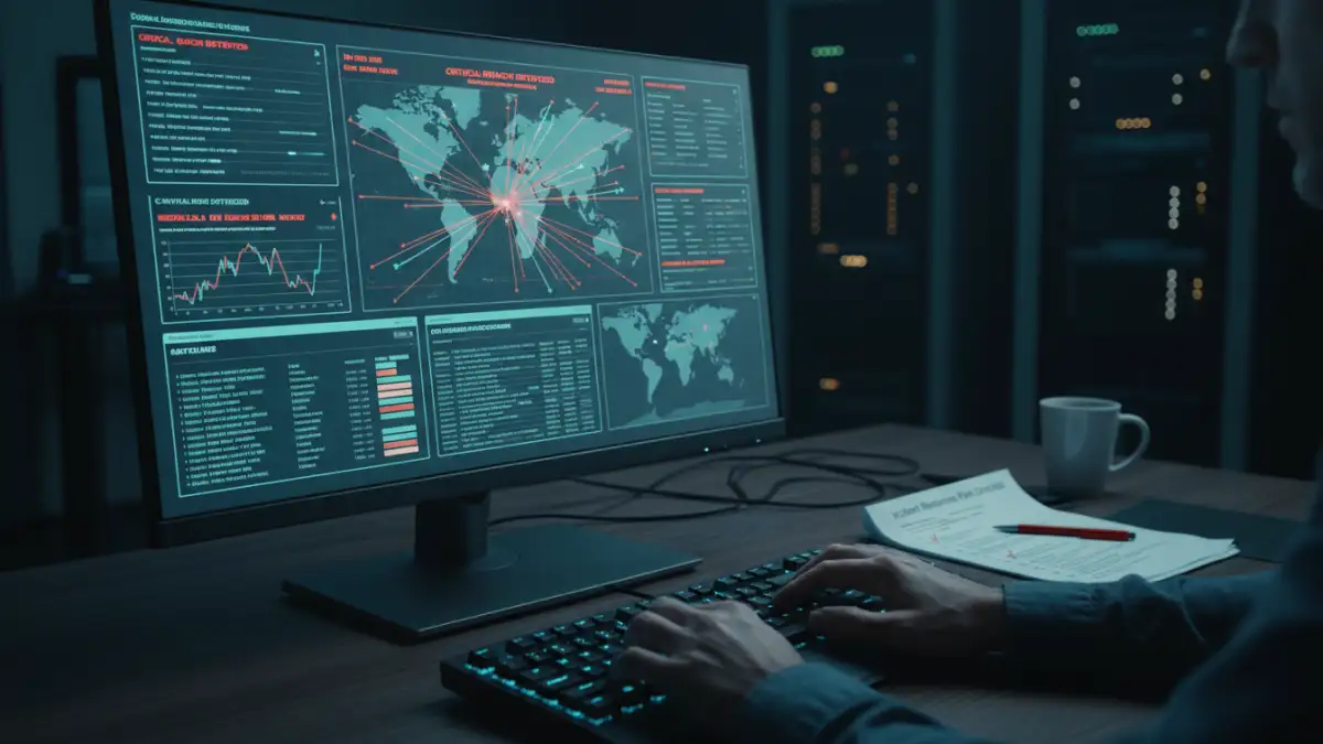 document security incident - A cybersecurity expert actively managing an incident response plan on their computer.