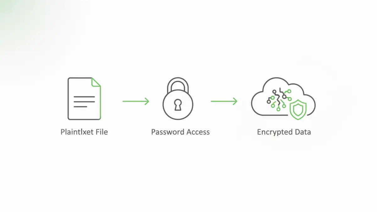 document security password encryption - Infographic showing the process of securing a file with a password and then encrypting it.