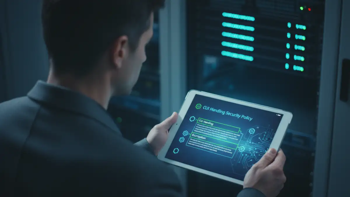 document security policy CMMC - A cybersecurity professional updating a document security policy to meet CMMC compliance requirements.