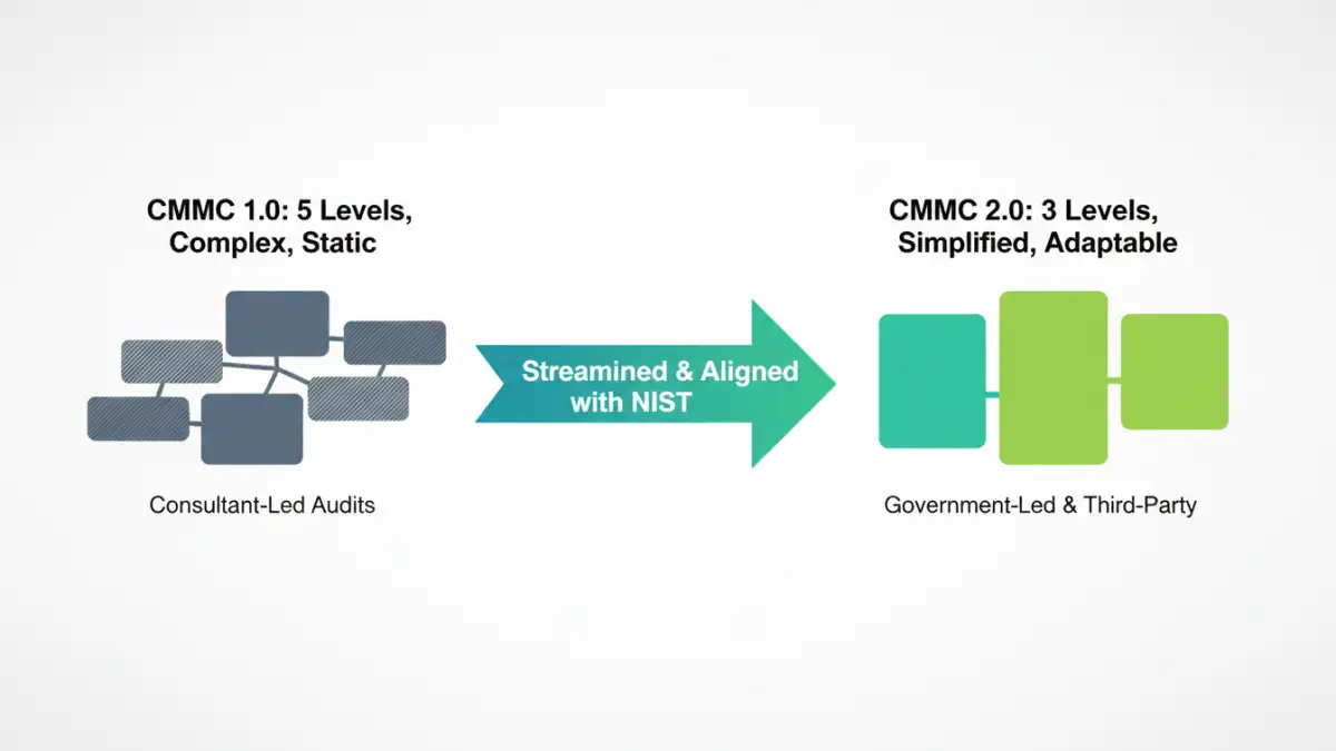 document security policy CMMC - Infographic comparing the complex five levels of CMMC 1.0 to the simplified three levels of CMMC 2.0.