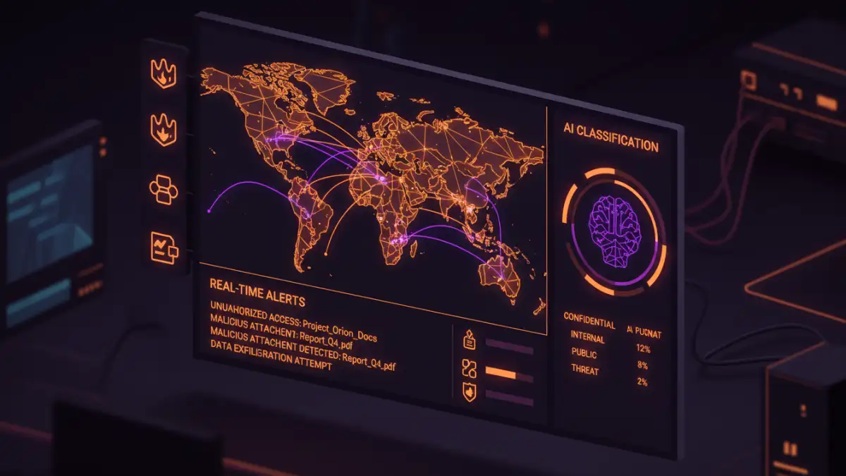 document security startups - A modern dashboard showing AI-powered threat detection for sensitive documents.