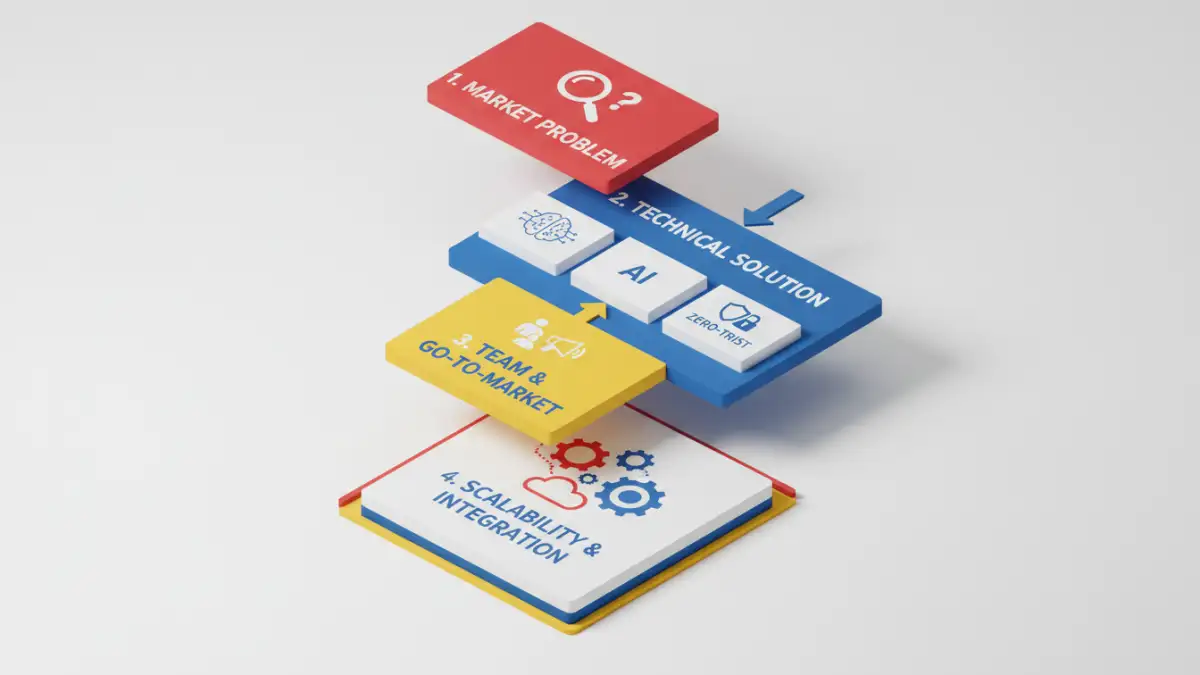 Infographic flowchart for evaluating document security startups for investment.