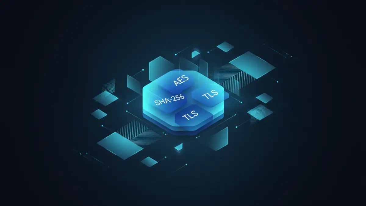 An abstract visual glossary of document security terms showing concepts like AES and TLS.