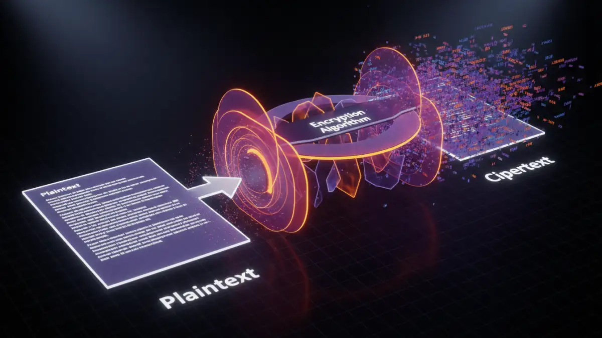 document security terms - Visual representation of plaintext being converted to ciphertext through an encryption algorithm.