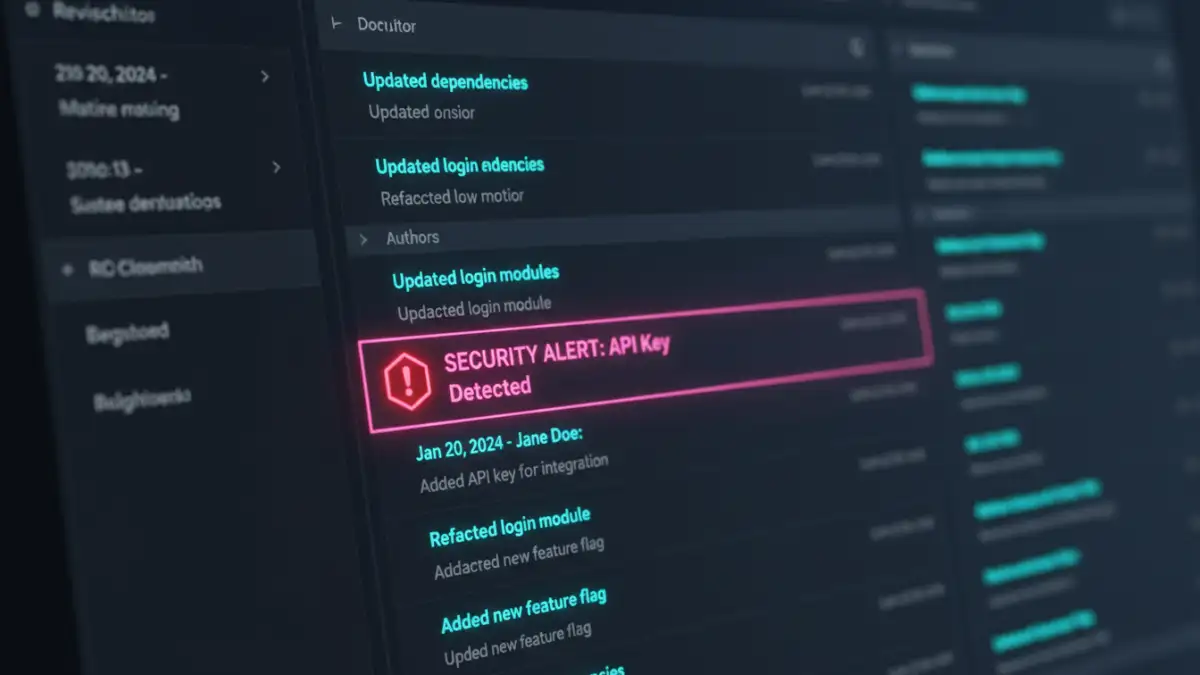 document version control security document version control security - An image of an audit log showing an automated security alert for an API key detected in a file's revision history.