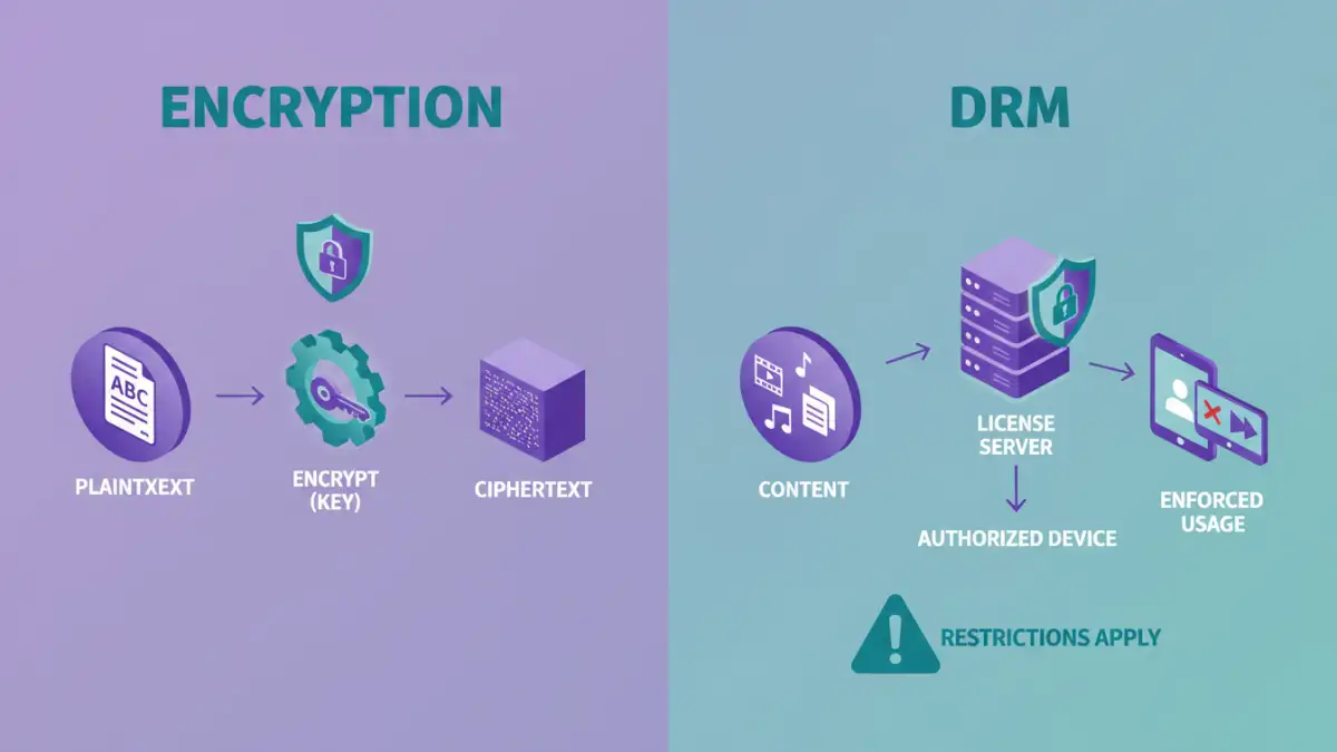 DRM vs encryption - Infographic illustrating how DRM and encryption work