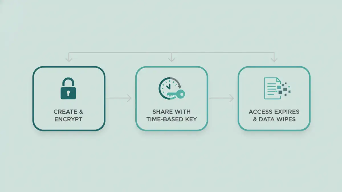 dynamic pdf security - Infographic showing the three-step lifecycle of an ephemeral or self-destructing document.