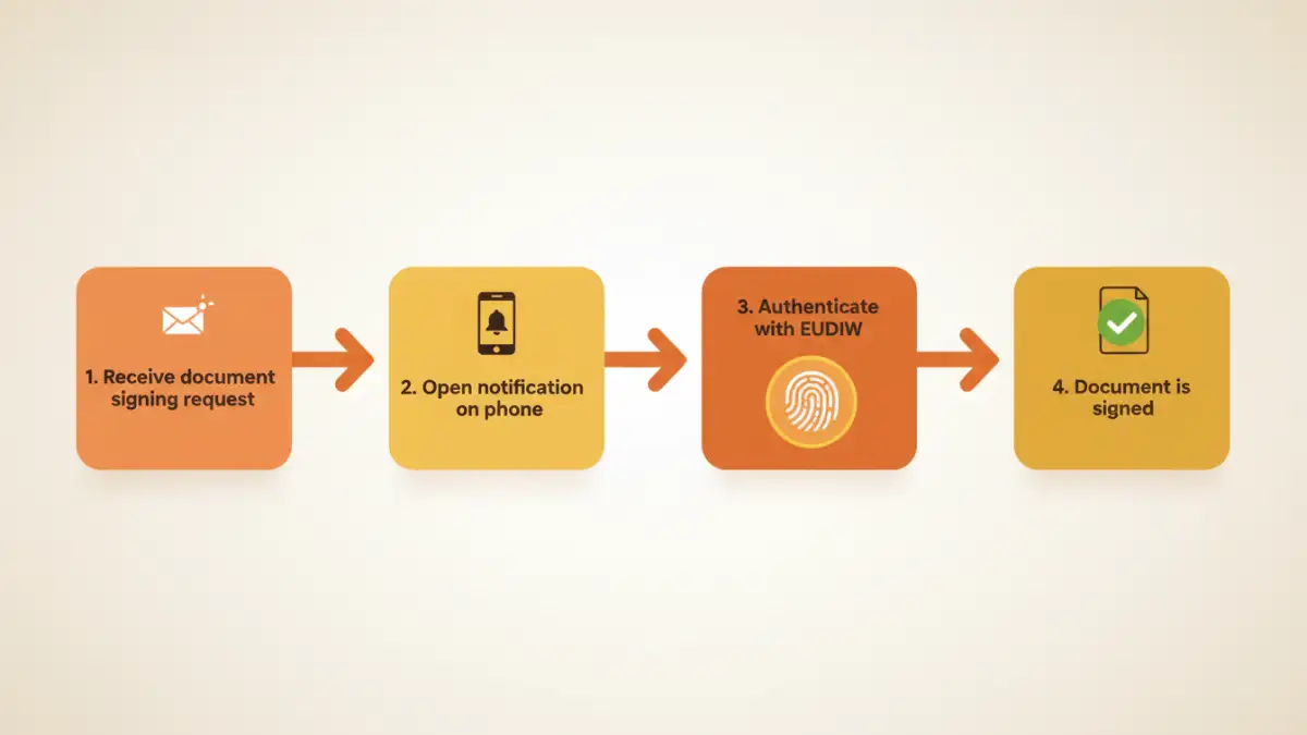 eidas secure document signing - Infographic showing the streamlined process of creating a Qualified Electronic Signature with the new EUDI Wallet.