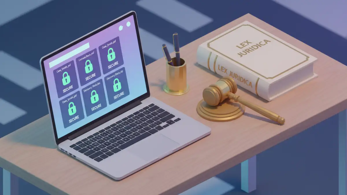 emailing legal documents security emailing legal documents security - A laptop on a lawyer's desk displaying a secure client portal for confidential document sharing.